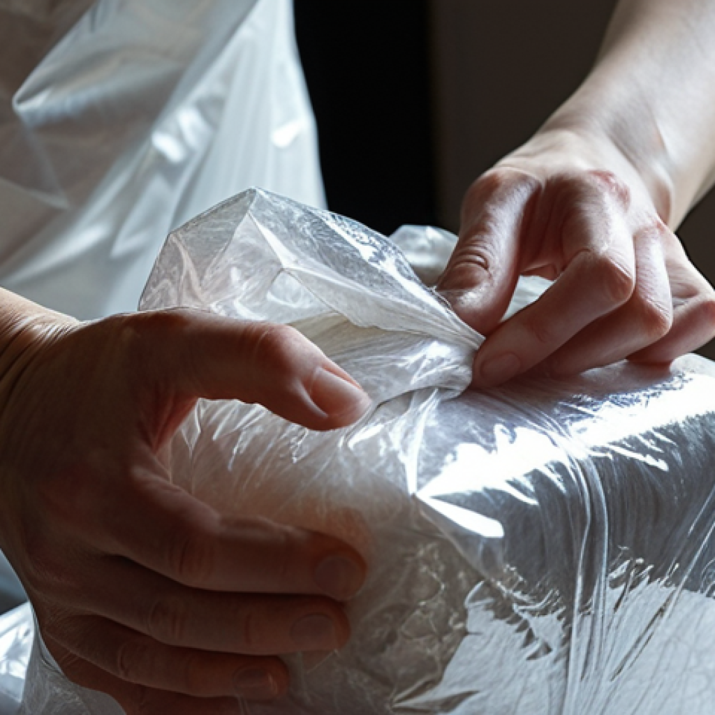 **A close-up shot of hands carefully wrapping a delicate glass sculpture in layers of silk paper and bubble wrap, highlighting the 'double packaging' technique. Soft, diffused lighting emphasizes the fragility of the artwork.**