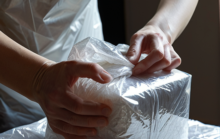 **A close-up shot of hands carefully wrapping a delicate glass sculpture in layers of silk paper and bubble wrap, highlighting the 'double packaging' technique. Soft, diffused lighting emphasizes the fragility of the artwork.**