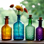 유리공예 활용한 인테리어 소품 만들기 - **Image Prompt:** "A collection of colorful, upcycled glass bottles transformed into unique vases on...