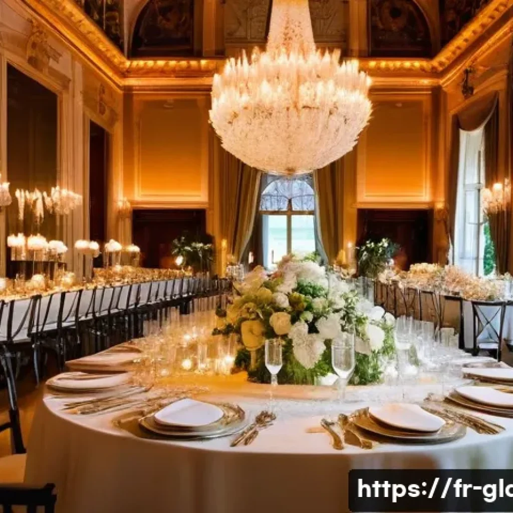 유리공예 맞춤형 웨딩 소품 제작 - **Prompt:** A luxurious and elegant wedding reception in a grand French chateau ballroom, bathed in ...