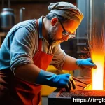 유리공예 중급자를 위한 도전 과제 - A skilled glassblower in a well-organized studio, carefully controlling the temperature of a glowing...