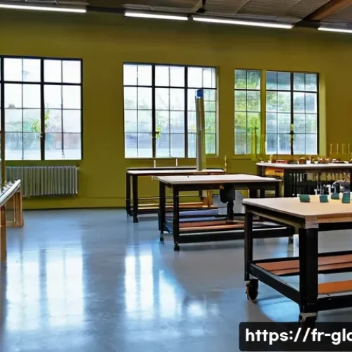 유리공예 개인 작업실 구축 방법 - A spacious French glassblowing workshop interior with at least 30-40 square meters area, featuring t...