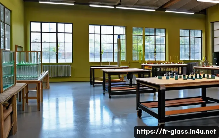 유리공예 개인 작업실 구축 방법 - A spacious French glassblowing workshop interior with at least 30-40 square meters area, featuring t...