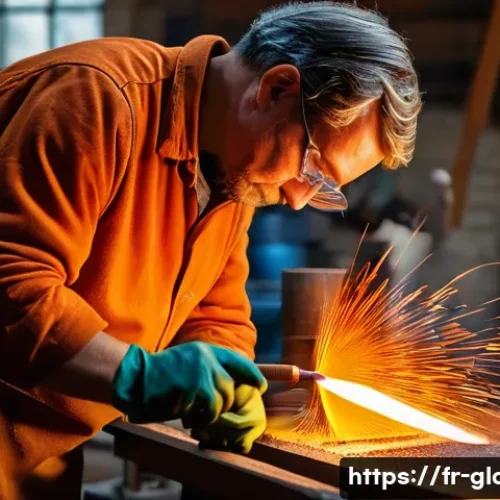 유리공예와 전통 공예 비교 - A skilled glassblower in a traditional French workshop, wearing protective clothing and gloves, care...