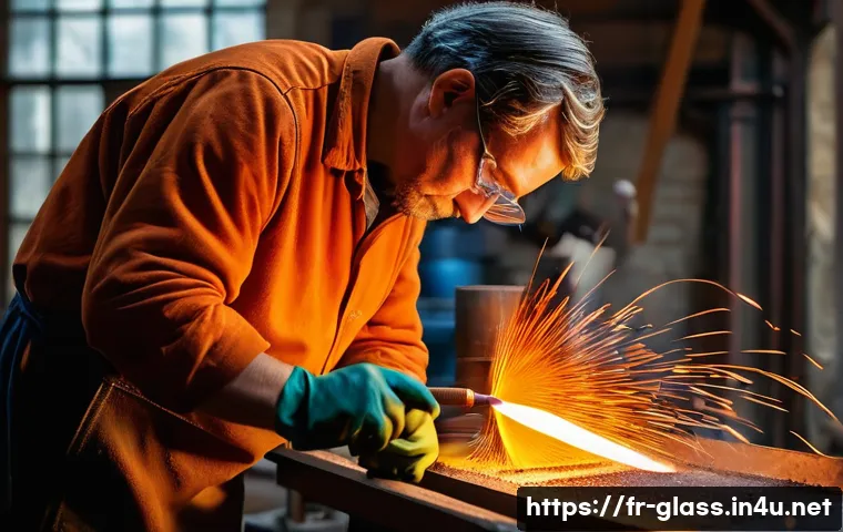 유리공예와 전통 공예 비교 - A skilled glassblower in a traditional French workshop, wearing protective clothing and gloves, care...