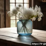 유리공예 재료별 내구성 분석 - A delicate blown glass vase displayed on a rustic wooden table in a softly lit French country-style ...