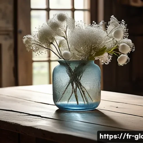 유리공예 재료별 내구성 분석 - A delicate blown glass vase displayed on a rustic wooden table in a softly lit French country-style ...