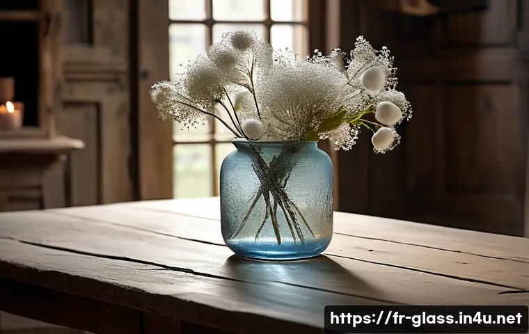 유리공예 재료별 내구성 분석 - A delicate blown glass vase displayed on a rustic wooden table in a softly lit French country-style ...