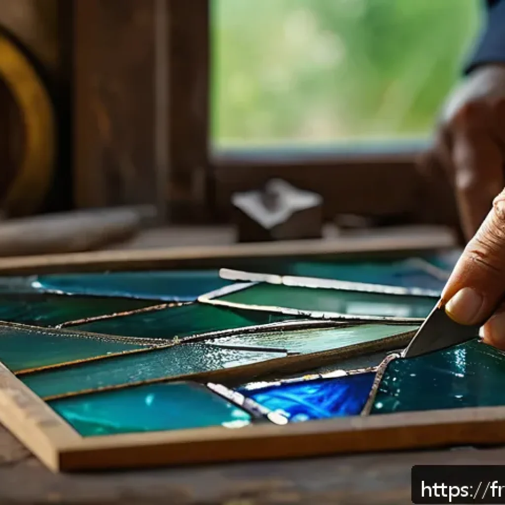 스테인드글라스 제작 방법 - A detailed close-up of an artisan’s hands carefully cutting antique blown glass for a stained glass ...