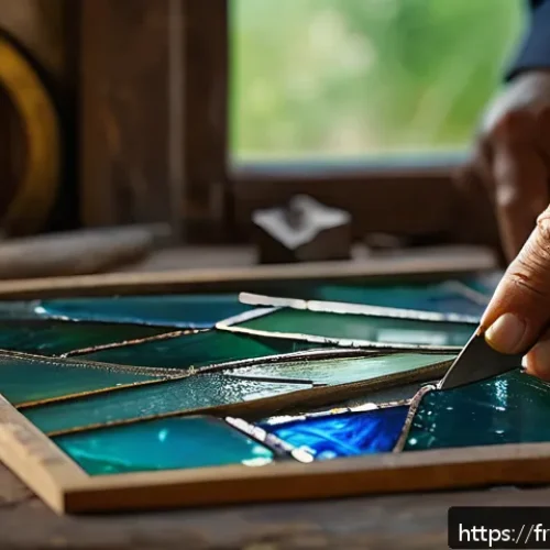 스테인드글라스 제작 방법 - A detailed close-up of an artisan&rsquo;s hands carefully cutting antique blown glass for a stained glass ...