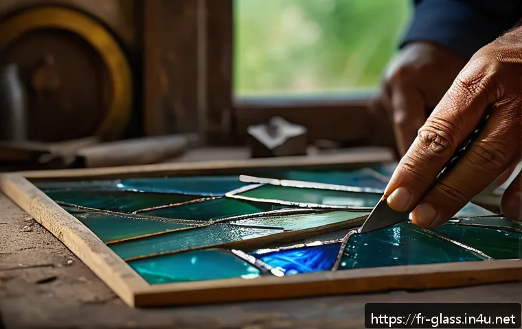 스테인드글라스 제작 방법 - A detailed close-up of an artisan’s hands carefully cutting antique blown glass for a stained glass ...