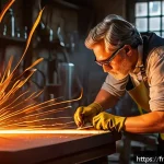 유리공예 수업 교재 제작 방법 - A skilled glassblower in a traditional workshop, wearing protective gloves and safety glasses, caref...