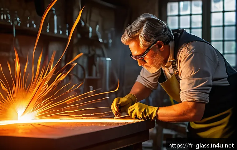 유리공예 수업 교재 제작 방법 - A skilled glassblower in a traditional workshop, wearing protective gloves and safety glasses, caref...