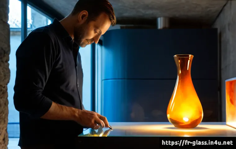 유리공예와 현대 조형 예술 - Photorealistic contemporary glass art studio in Paris, a skilled artisan shaping a glowing amber gla...